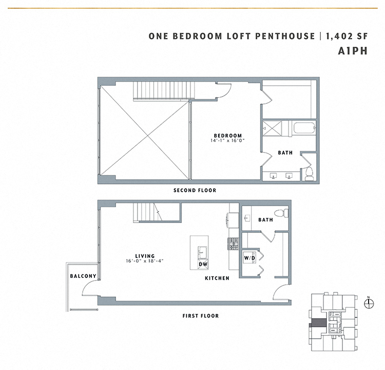 Floor plan for 1 bed, 1.5 baths, 1402 sqft